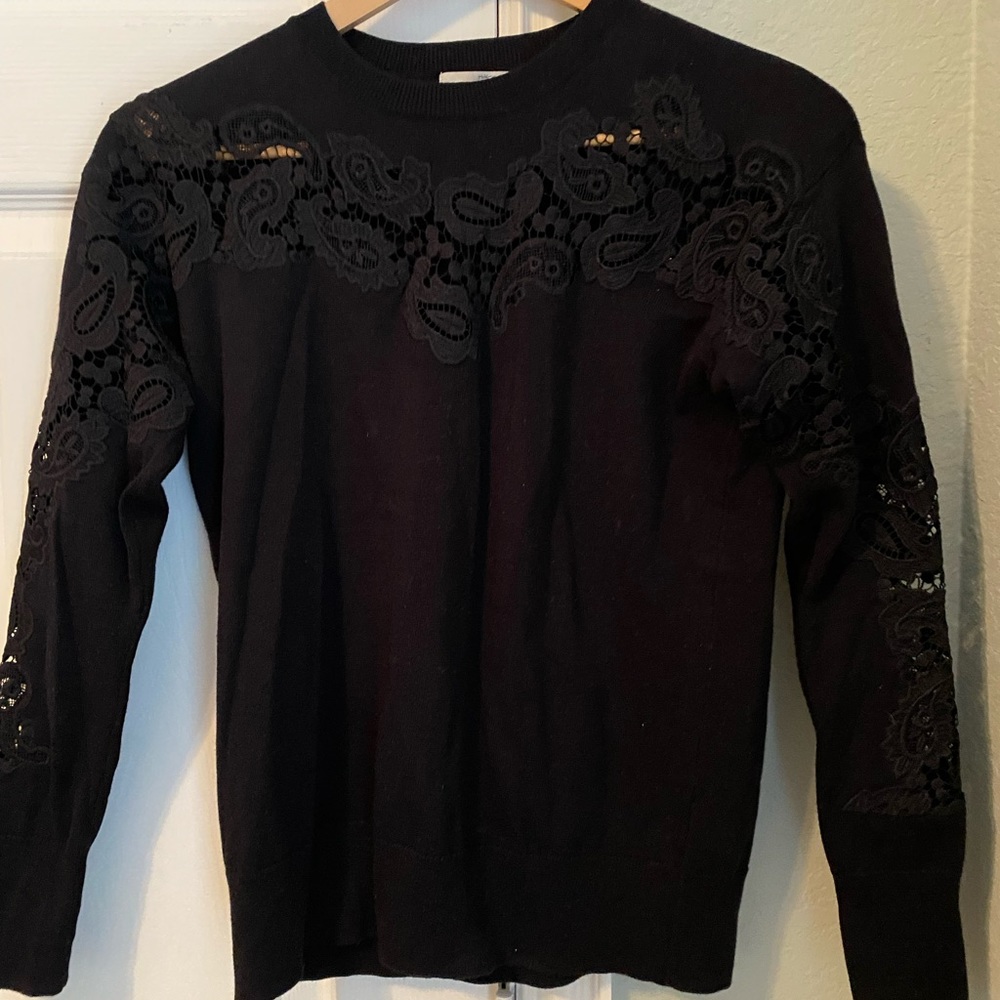 Halogen crew neck sweater, Black knit with lace detail! XS, excellent condition!